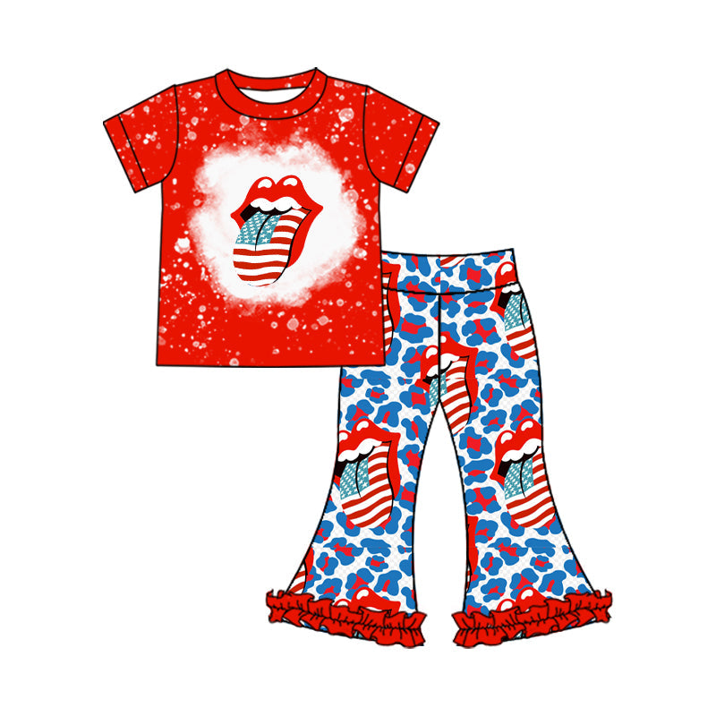 Preorder Baby Girl Red Short Sleeves Shirt Leopard Bell Pants July 4th Clothes Set