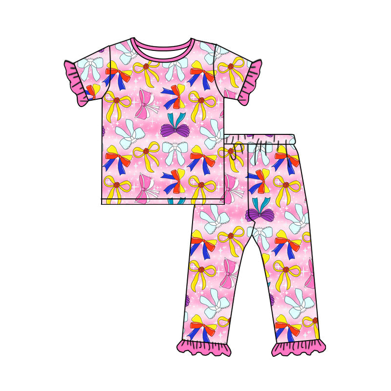 Preorder Baby Girl Infant Short Sleeves Princess Bows Shirt Pants Pink Pajamas Set