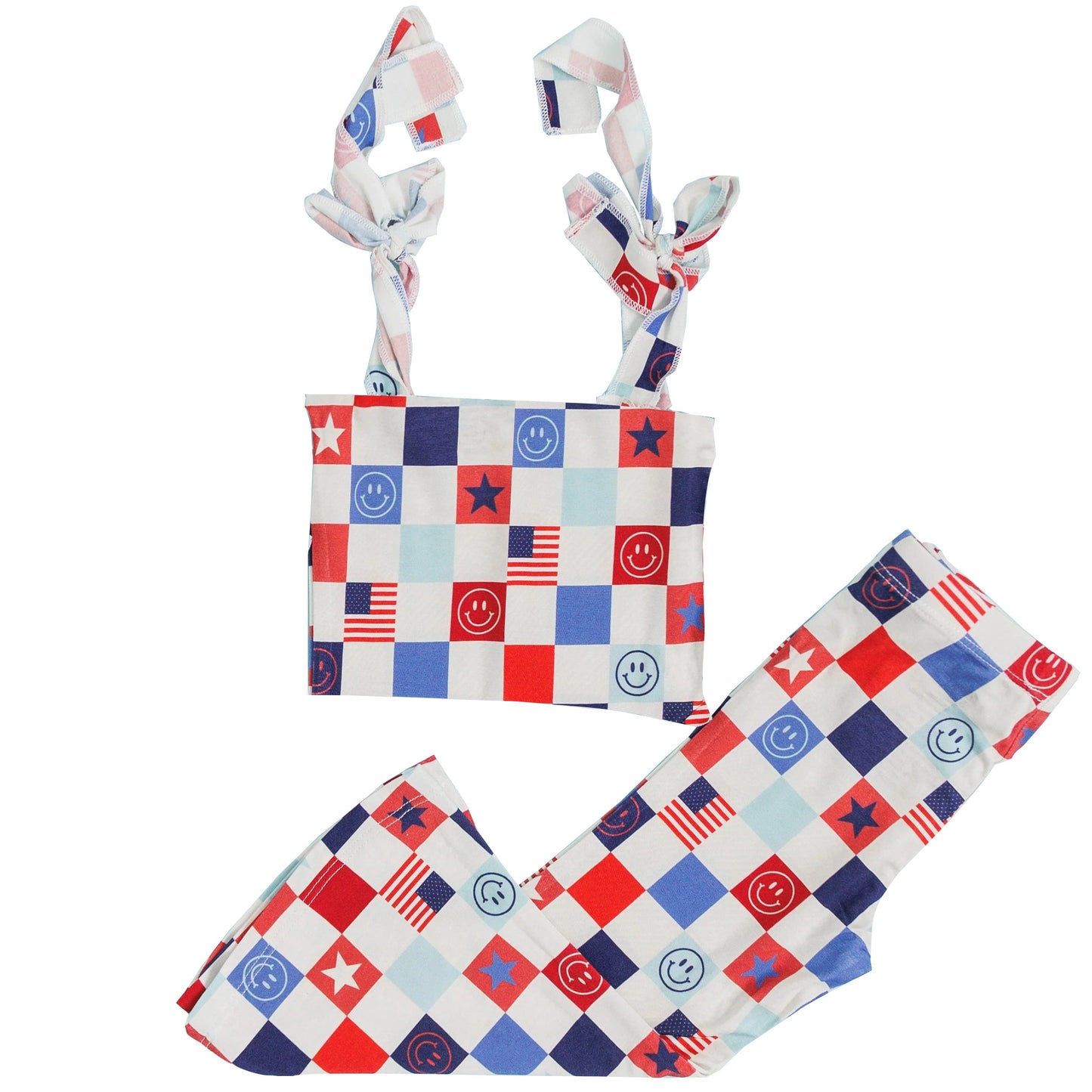 Preorder Baby Girl Straps July 4th Smile Checkered Tops Bell Pants Clothes Set