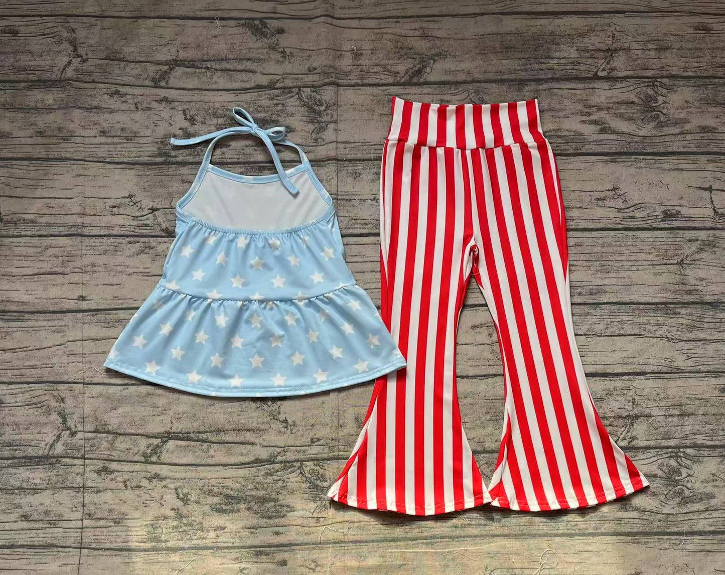 Preorder Baby Girl July 4th Stars Halter Tunic Stripes Bell Pants Clothes Set（ No moq ）