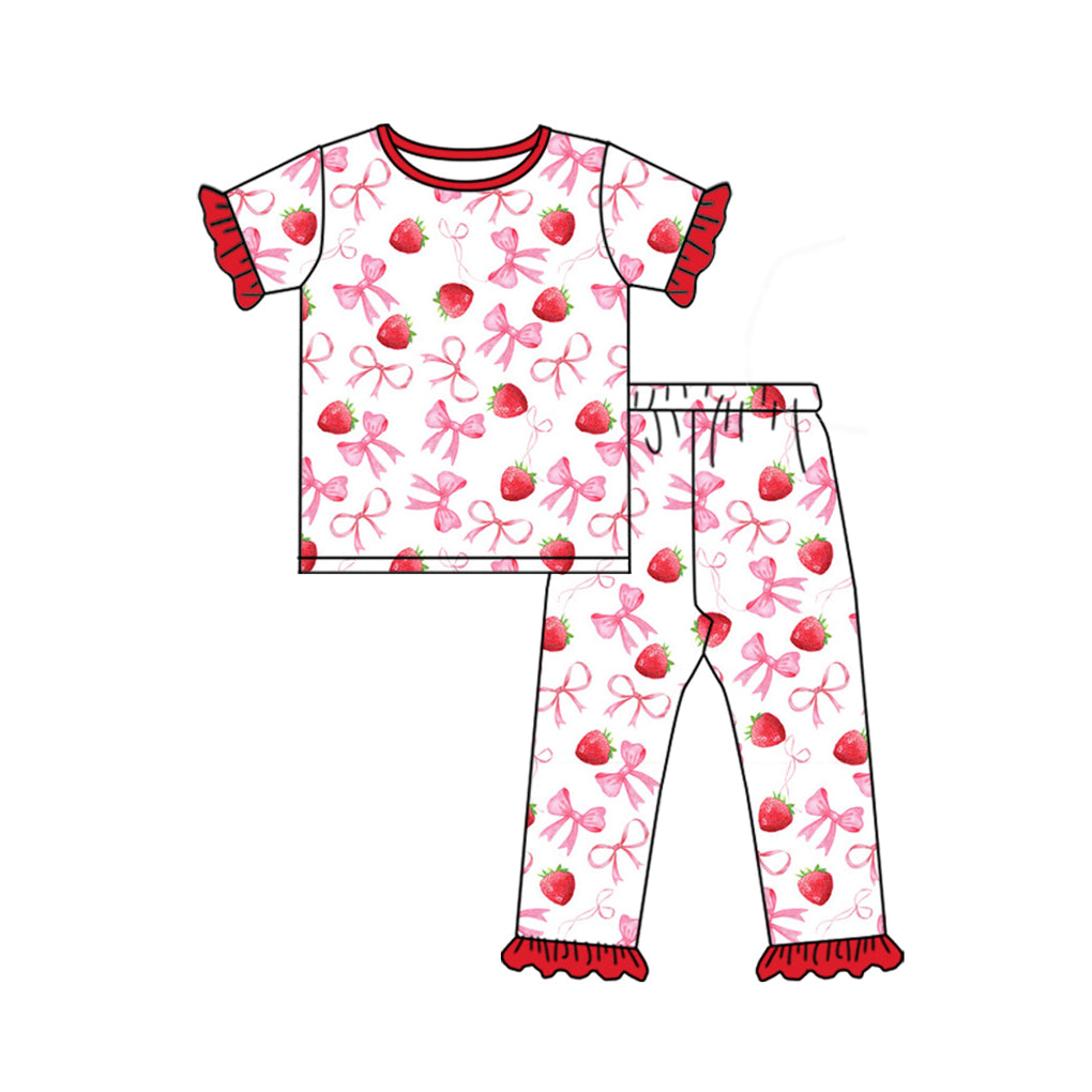 Preorder Baby Girl Short Sleeves Strawberry Bows Shirt Pants Pajamas Clothes Set