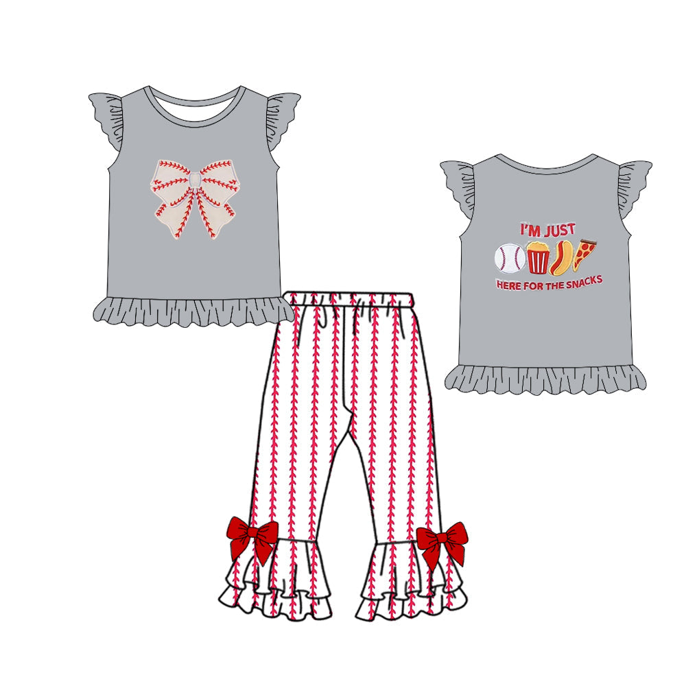 Preorder Baby Girl Kids Toddler Baseball Bow Shirt Stripes Ruffle Pants Clothes Set ( Moq 5 )