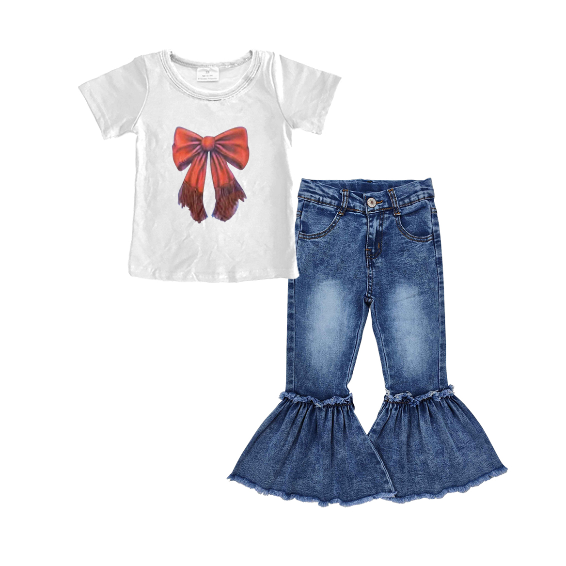 Preorder Baby Girl Short Sleeves Bow Shirt Bell Denim Pants Set ( Moq 5 )