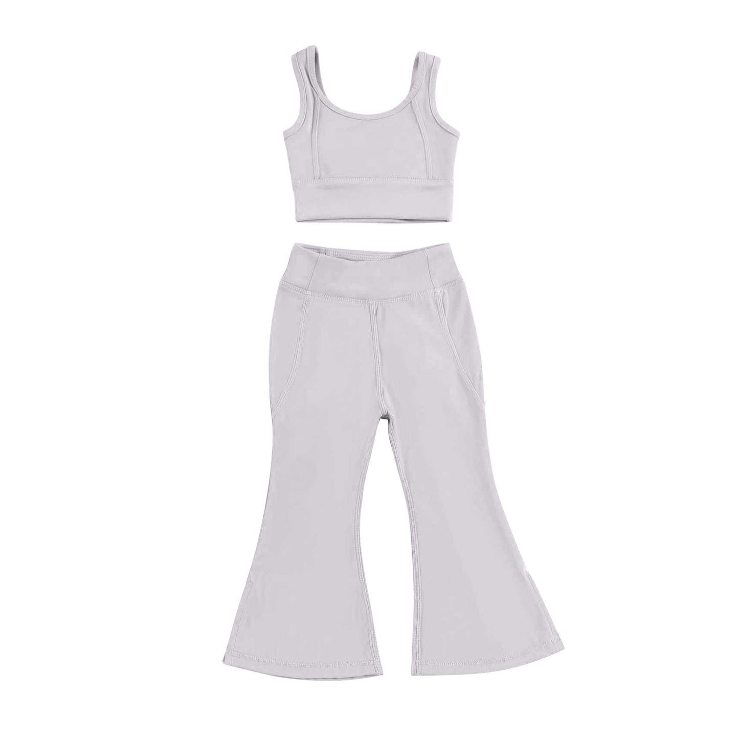 Preorder Baby Girl Straps Grey Vest Tops Bell Bottom Pants Yoga Active Wear Clothes Set ( Moq 5 )