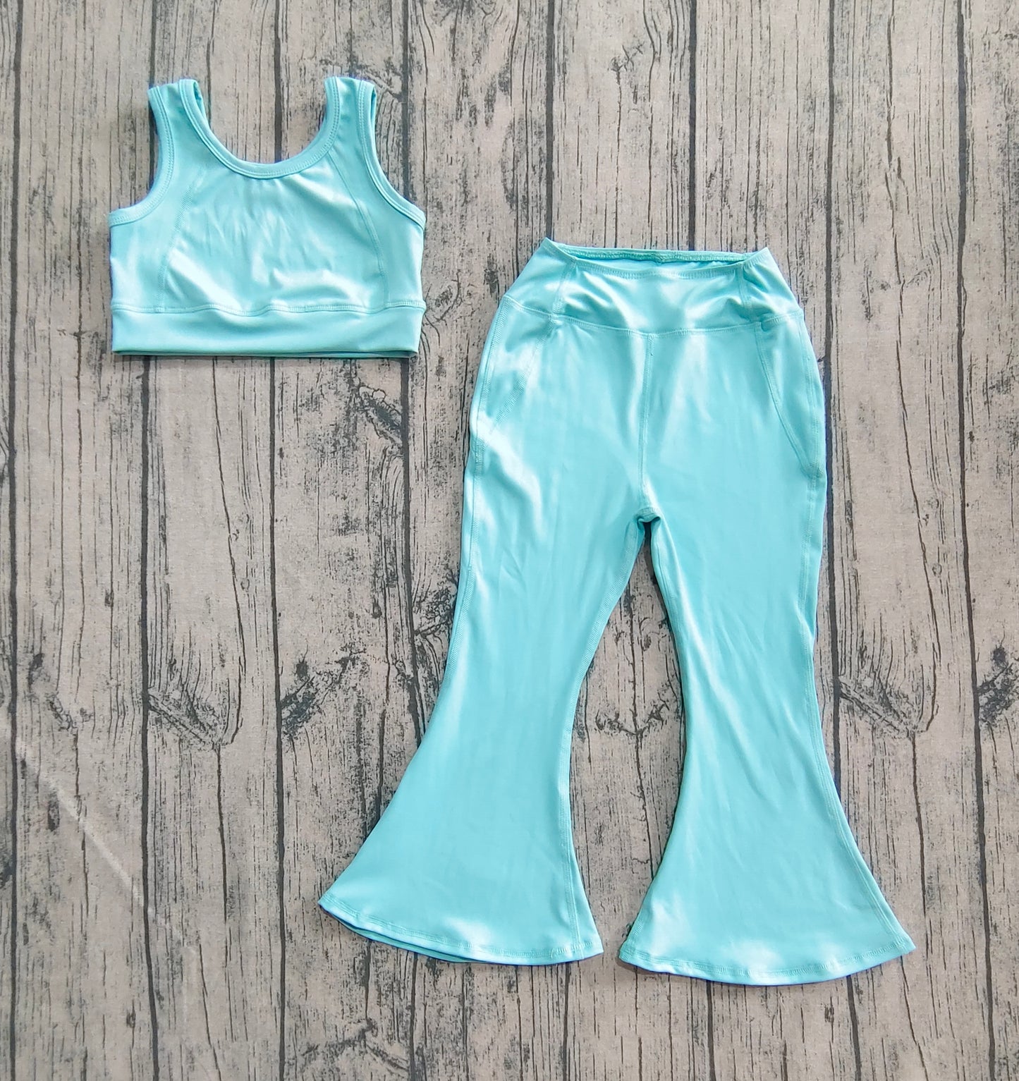 Baby Girl Straps Blue Vest Tops Bell Bottom Pants Yoga Active Wear Clothes Set RTS