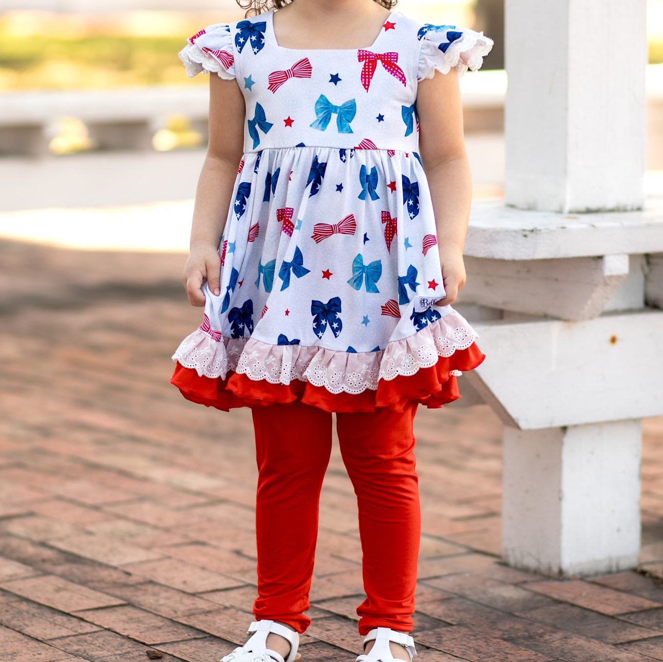 Preorder Baby Girl July 4th Stars Bows Tunic Red Legging Pants Outfit Clothes Set ( Moq 5 )