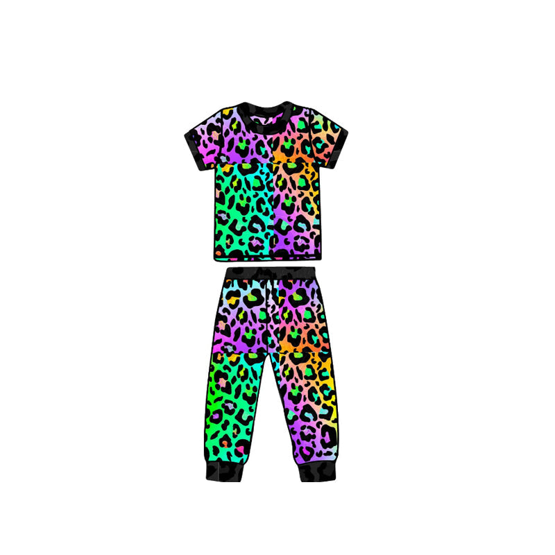 Preorder Baby Girl Short Sleeves Colorful Leopard Shirt Pant Set ( Moq 5 )