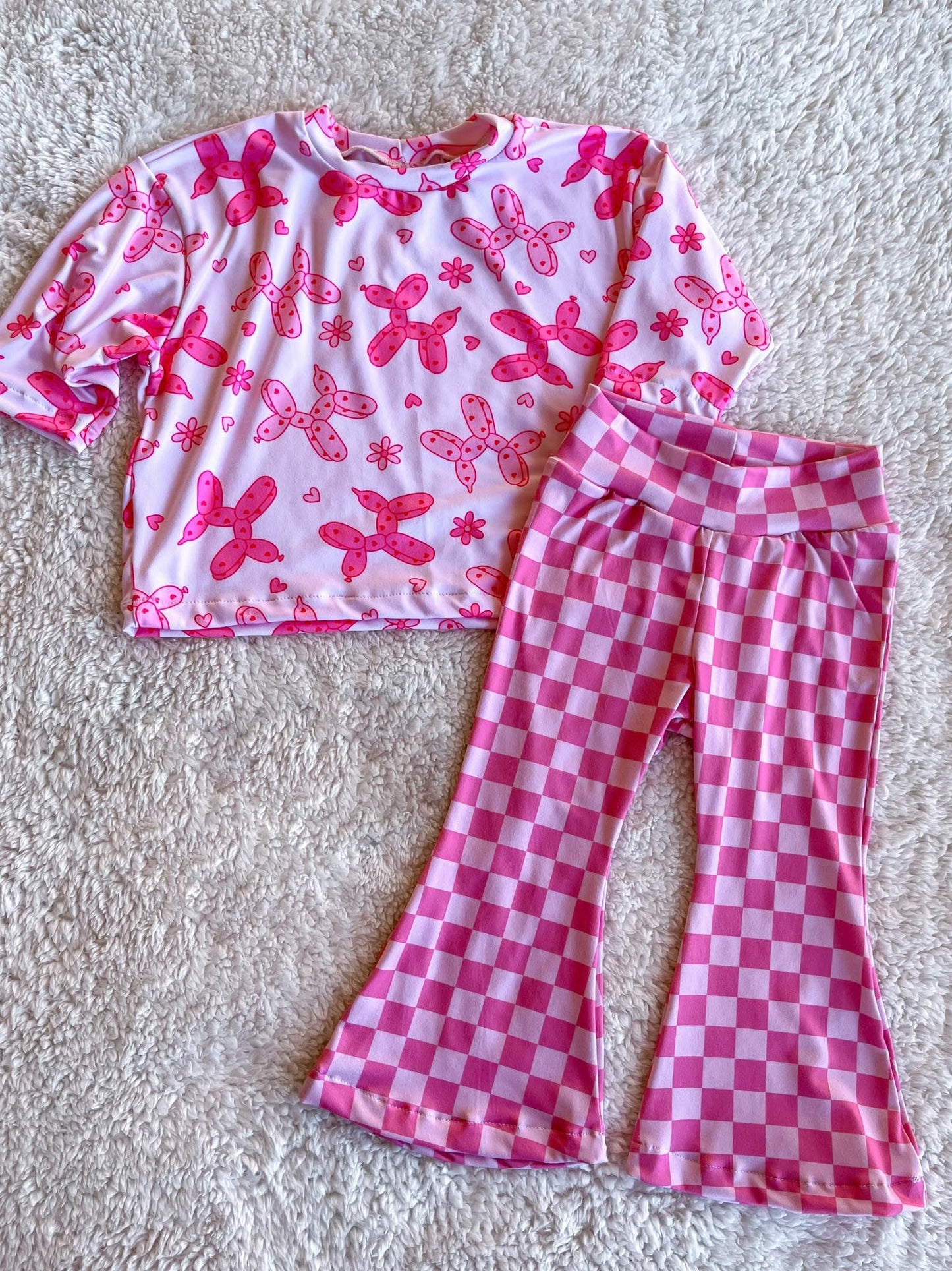 Preorder Baby Girl Dogs Balloons Flower Shirt Pink Checked Pants Clothes Set ( Moq 5 )