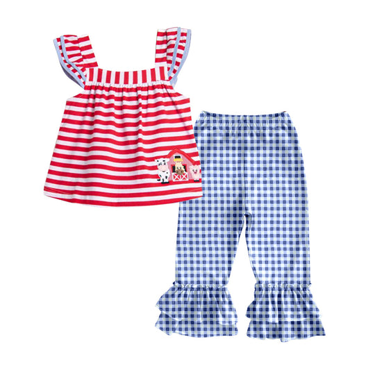 Preorder Baby Girl Flutter Sleeves Cow House Stripes Tunic Plaid Ruffle Pants Farm Set ( Moq 5 )