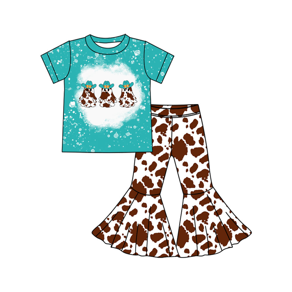 Preorder Baby Girls Blue Short Sleeves Hats Ghosts Top Cow Print Bell Bottom Pants Set ( Moq 5 )