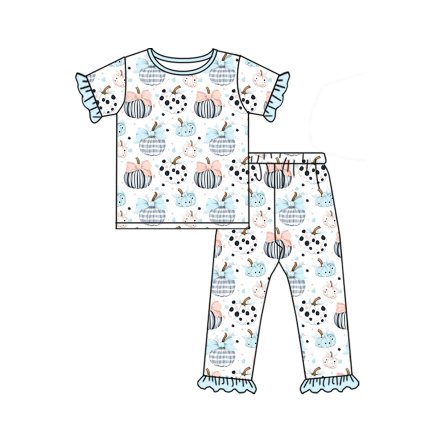 ( Moq 5 ) Preorder Baby Girl Short Sleeves Bows Pumpkins Shirt Pants Pajamas Set