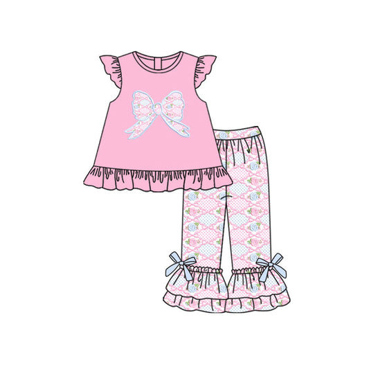 ( Moq 5 ) Preorder Baby Girl Short Sleeves Flower Bows Tunic Ruffle Pants Pink Clothes Set
