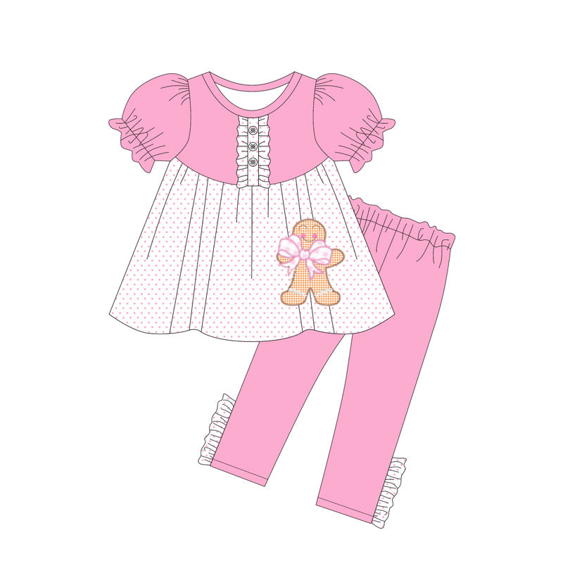 ( Moq 5 ) Preorder Baby Girl Short Sleeves Gingerbread Buttons Tunic Pink Legging Pants Clothes Christmas Set