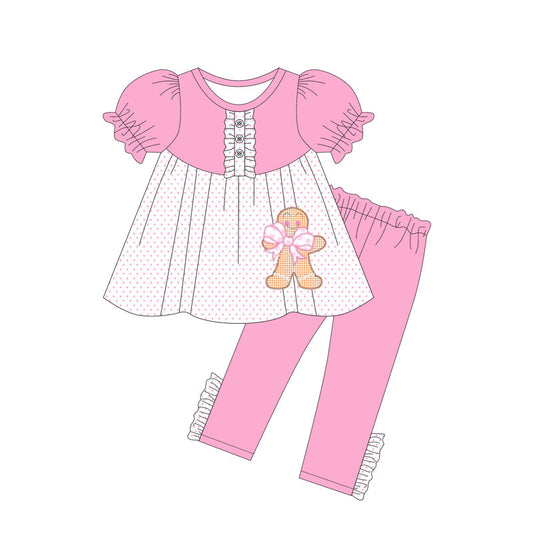 ( Moq 5 ) Preorder Baby Girl Short Sleeves Gingerbread Buttons Tunic Pink Legging Pants Clothes Christmas Set