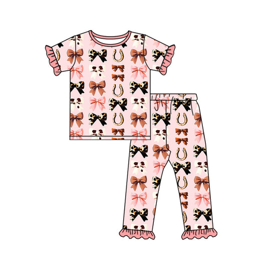 ( Moq 5 ) Preorder Baby Girl Short Sleeves Western Bows Shirt Pants Pajamas Set