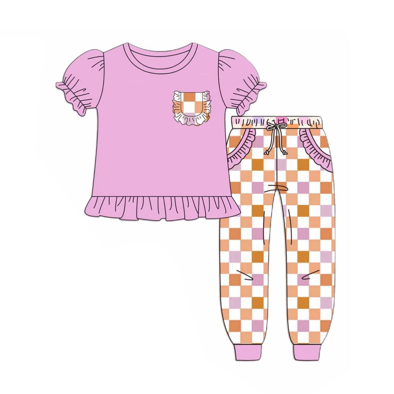 ( Moq 5 ) Preorder Baby Girl Pink Short Sleeves Shirt Pockets Checked Pants Set