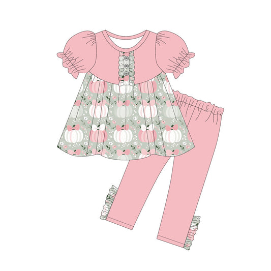 ( Moq 5 ) Preorder Baby Girl Pink Short Sleeves Pumpkins Bows Tunic Legging Pants Set