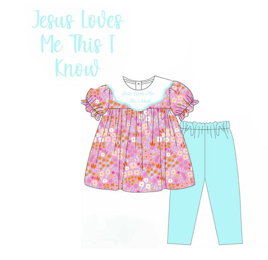 ( Moq 5 ) Preorder Baby Girl Short Sleeves Floral Tunic Blue Pants Set