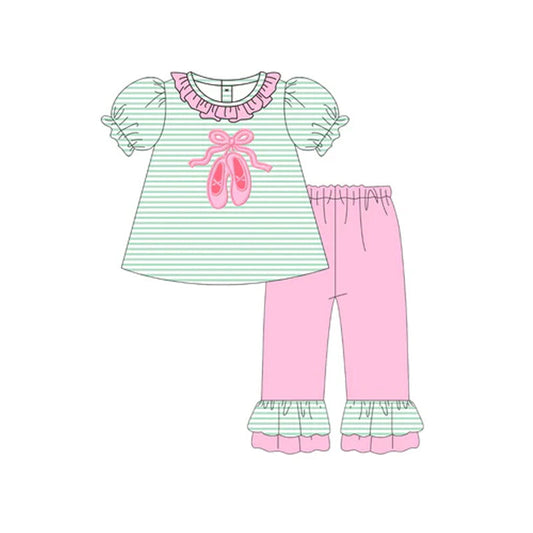 ( Moq 5 ) Preorder Baby Girl Short Sleeves Bow Shoes Stripes Tunic Ruffle Pants Set