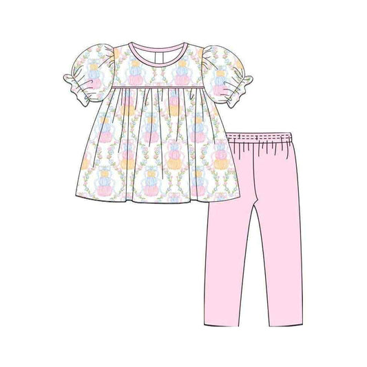 ( Moq 5 ) Preorder Baby Girl Short Sleeves Floral Pumpkin Bows Tunic Pink Pants Set