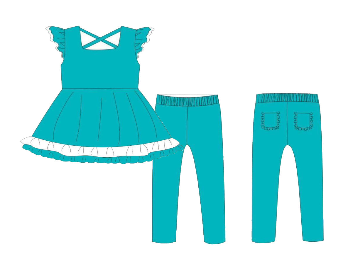 ( Moq 5 ) Preorder Baby Girl Short Sleeves Ruffle Tunic Pockets Pants Blue Green Set