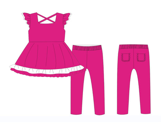 ( Moq 5 ) Preorder Baby Girl Short Sleeves Ruffle Tunic Pockets Pants Pink Set