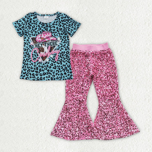Baby Girl Short Sleeves  Cowboy Leopard Shirt Pink Sequins Bell Pants Clothes Set RTS