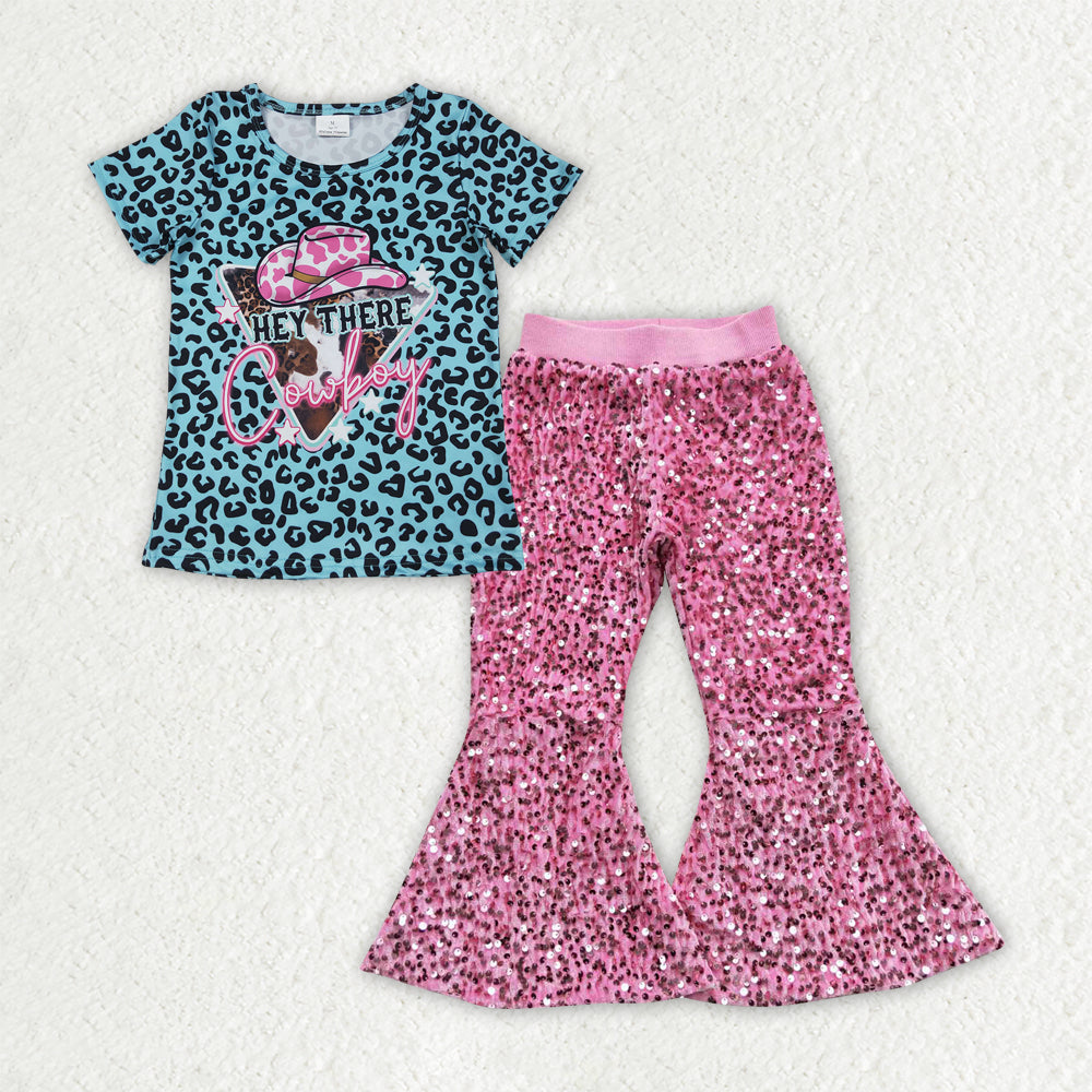 Sibling Baby Girls Kids Short Sleeves Western Shirts Sequins Bell Pants Sets Clothes RTS