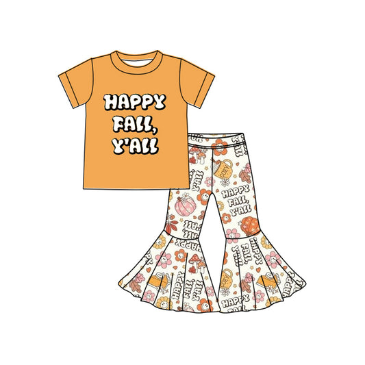 ( Moq 5 ) Preorder Baby Girl Short Sleeves Fall Shirt Pumpkins Flower Bell Pants Set