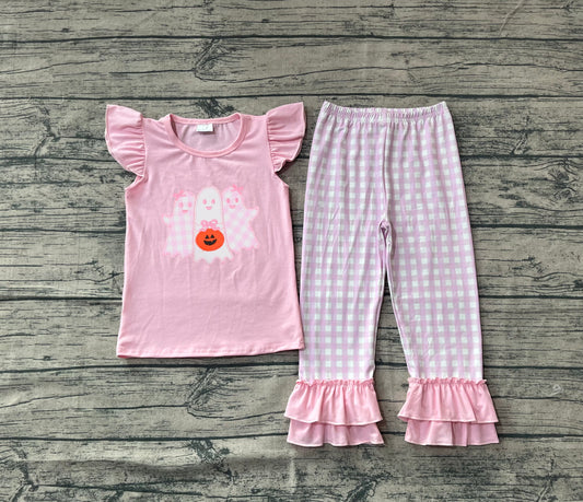 Preorder Baby Girl Short Sleeves Embroidery Ghost Pumpkin Shirt Plaid Pants Halloween Pink Set（ No moq ）