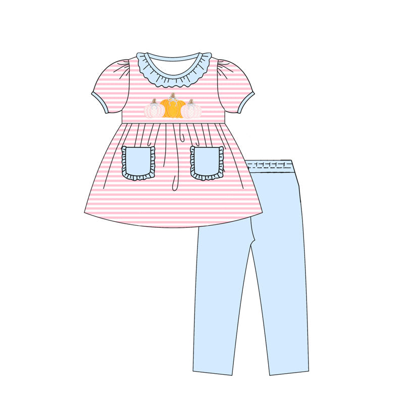 ( Moq 5 ) Preorder Baby Girl Short Sleeves Pumpkins Pockets Stripes Tunic Blue Pants Fall Set