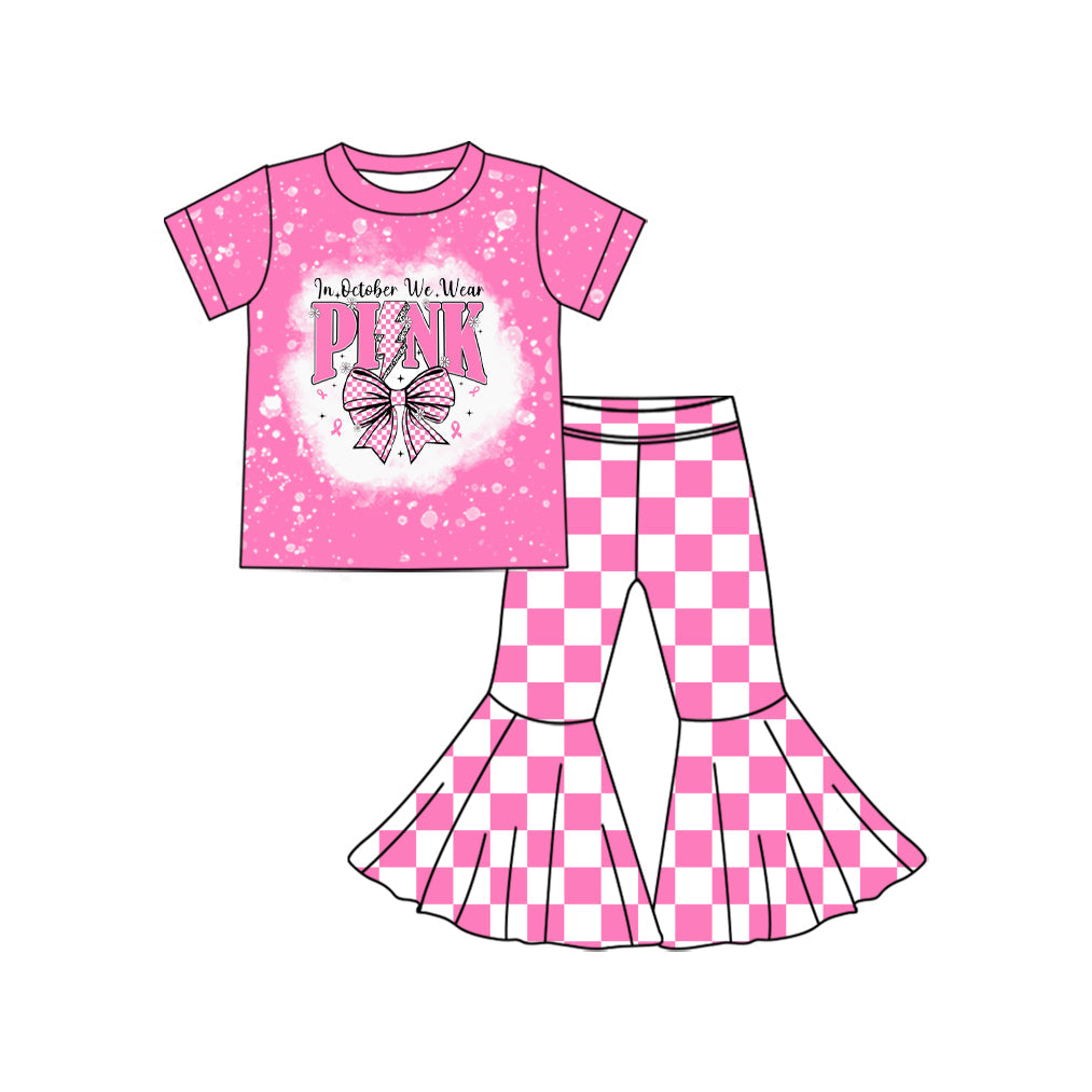 ( Moq 5 ) Preorder Baby Girl Short Sleeves Bow Shirt Pink Checked Bell Bottom Pants Set