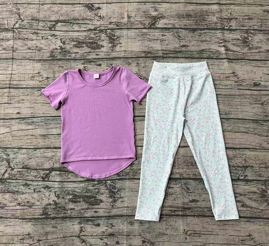 ( No moq ) Preorder Baby Girl Baby Girl Short Sleeve Purple Shirt Floral Pants Yoga Set