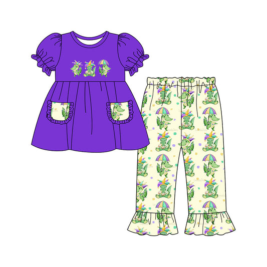 ( Moq 5 ) Preorder Girls Kids Pockets Purple Tops Crocodiles Pants Mardi Gras Set