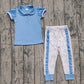Baby Girls Kids Short Sleeves Blue Shirt Flower Bows Ruffle Pants Set RTS