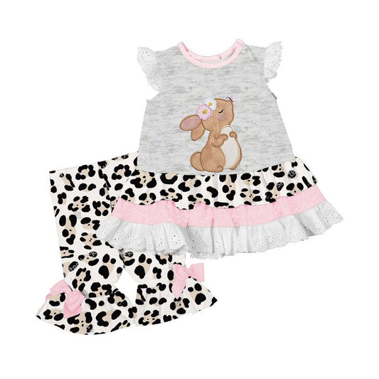 ( Moq 5 ) Preorder Baby Girls Kids Short Sleeves Rabbit Ruffle Tops Leopard Pants Easter Set