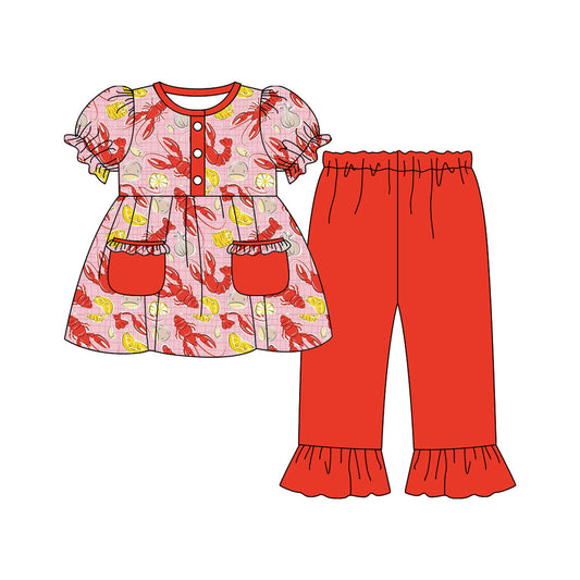 ( Moq 5 ) Preorder Baby Girls Kids Short Sleeves Crawfish Pockets Tunic Red Pants Set