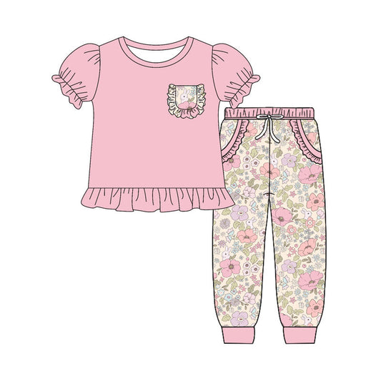 ( Moq 5 ）Preorder Girls Kids Short Sleeves Pink Shirt Flower Pockets Pants Set