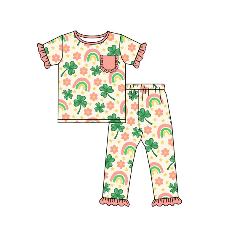 ( Moq 5 ）Preorder Girls Kids Rainbow Flower Shirt Pants St. Patrick's Day Pajamas Set Clothes