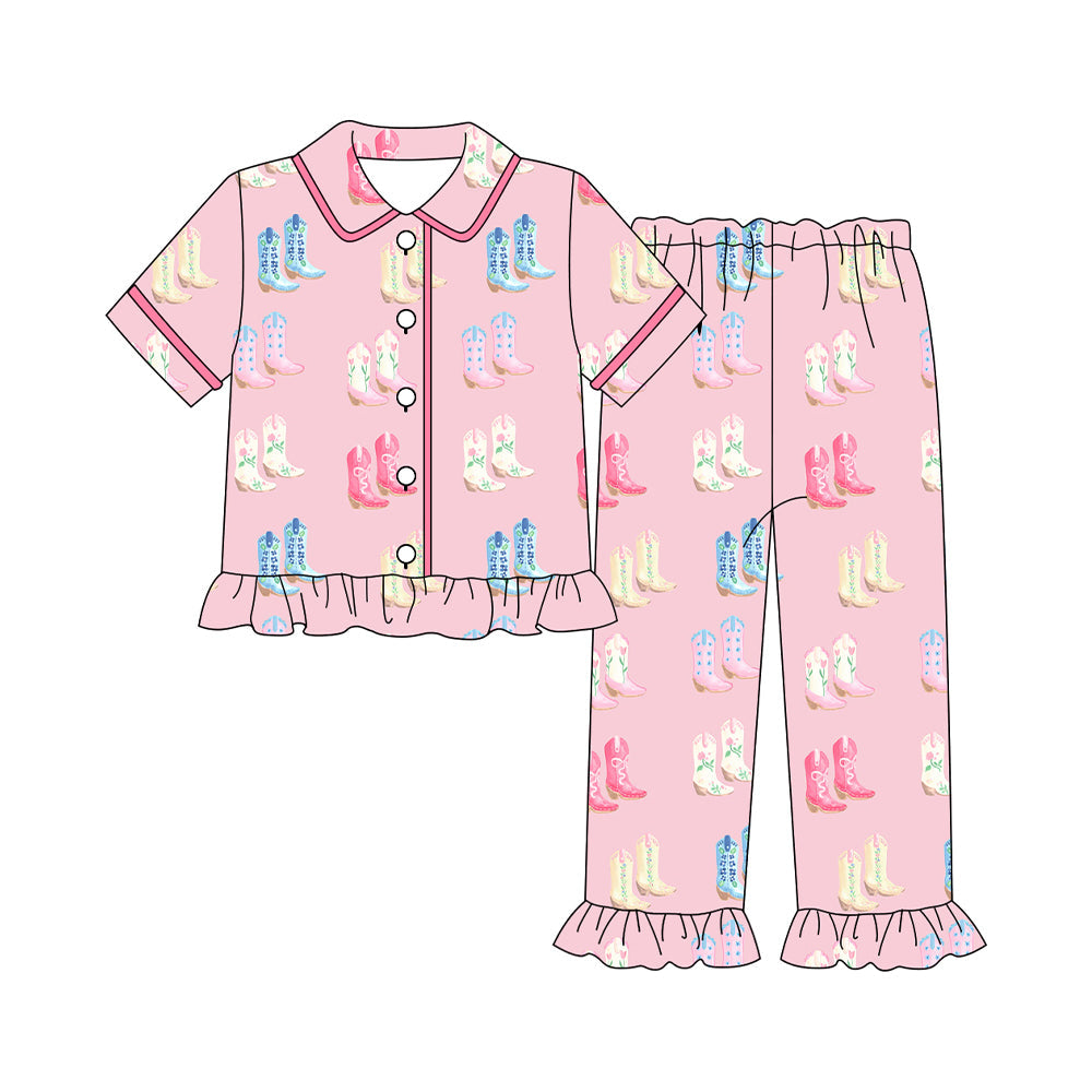 ( Moq 5 ) Preorder Adult Woman Short Sleeves Boots Buttons Shirt Pants Pink Pajamas Clothes Set