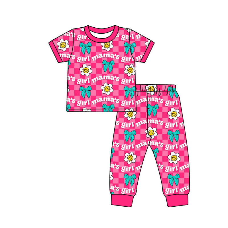 ( Moq 5  ) Girls Kids Mama's Girl Smile Flower Bows Shirt Pants Checked Pajamas Clothes Set