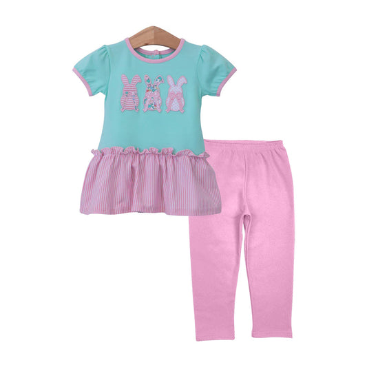 ( Moq 5 ) Preorder Girls Kids Short Sleeves Rabbits Bows Tunic Pink Pants Easter Set