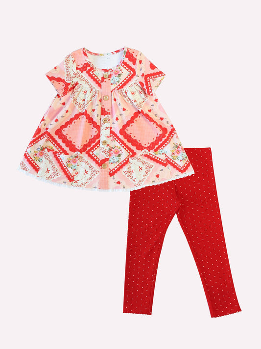 ( Moq 5 ) Preorder Girl Kids Short Sleeves Flower Hearts Tunic Red Pants Valentine's Day Set