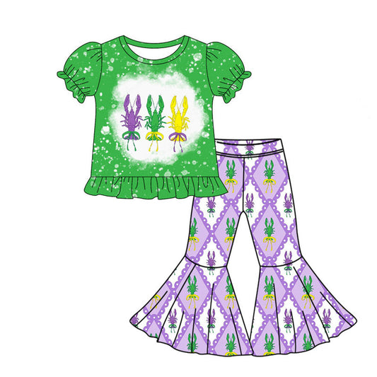 ( Moq 5 ) Preorder Girls Kids Green Short Sleeves Shirt Crawfish Bows Pants Mardi Gras Set