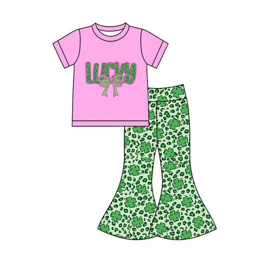 ( Moq 5 ) Preorder Girls Kids Short Sleeves Bow Shirt Clovers Pants St Patrick Clothes Set