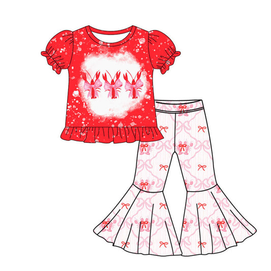 ( Moq 5 ) Preorder Girls Kids Red Short Sleeves Shirt Crawfish Bows Pants Clothes Set