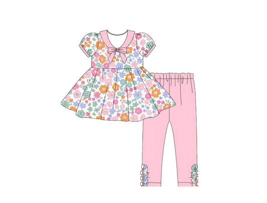 ( Moq 5 ) Preorder Girls Kids Short Sleeves Flower Bow Tunic Pink Pants Set
