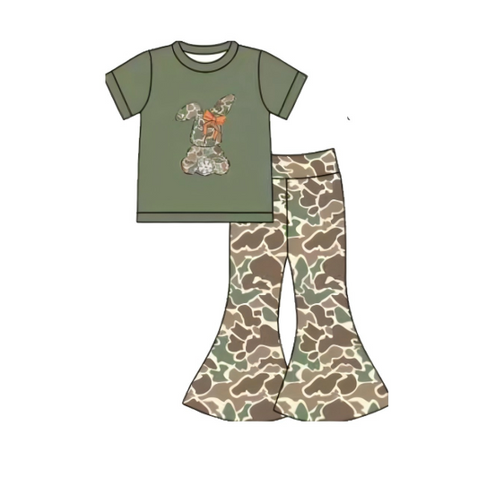 ( Moq 5 ) Preorder Girls Kids Bow Rabbit Green Shirt Camo Bell Pants Easter Set