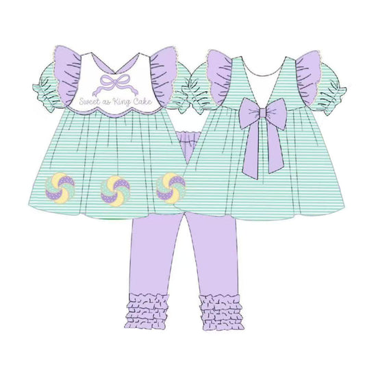 ( Moq 5 ) Preorder Girls Kids Short Sleeves Sweet Cake Stripes Bows Tops Purple Pants Mardi Gras Set