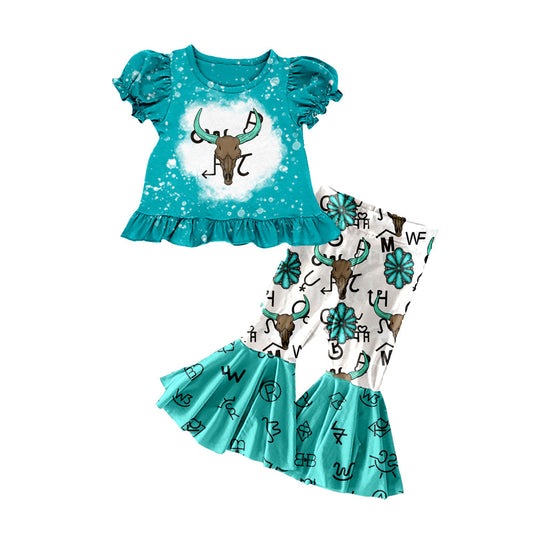 ( Moq 5 ) Preorder Baby Girls Kids Green Short Sleeves Shirt Western Cow Bell Pants Set
